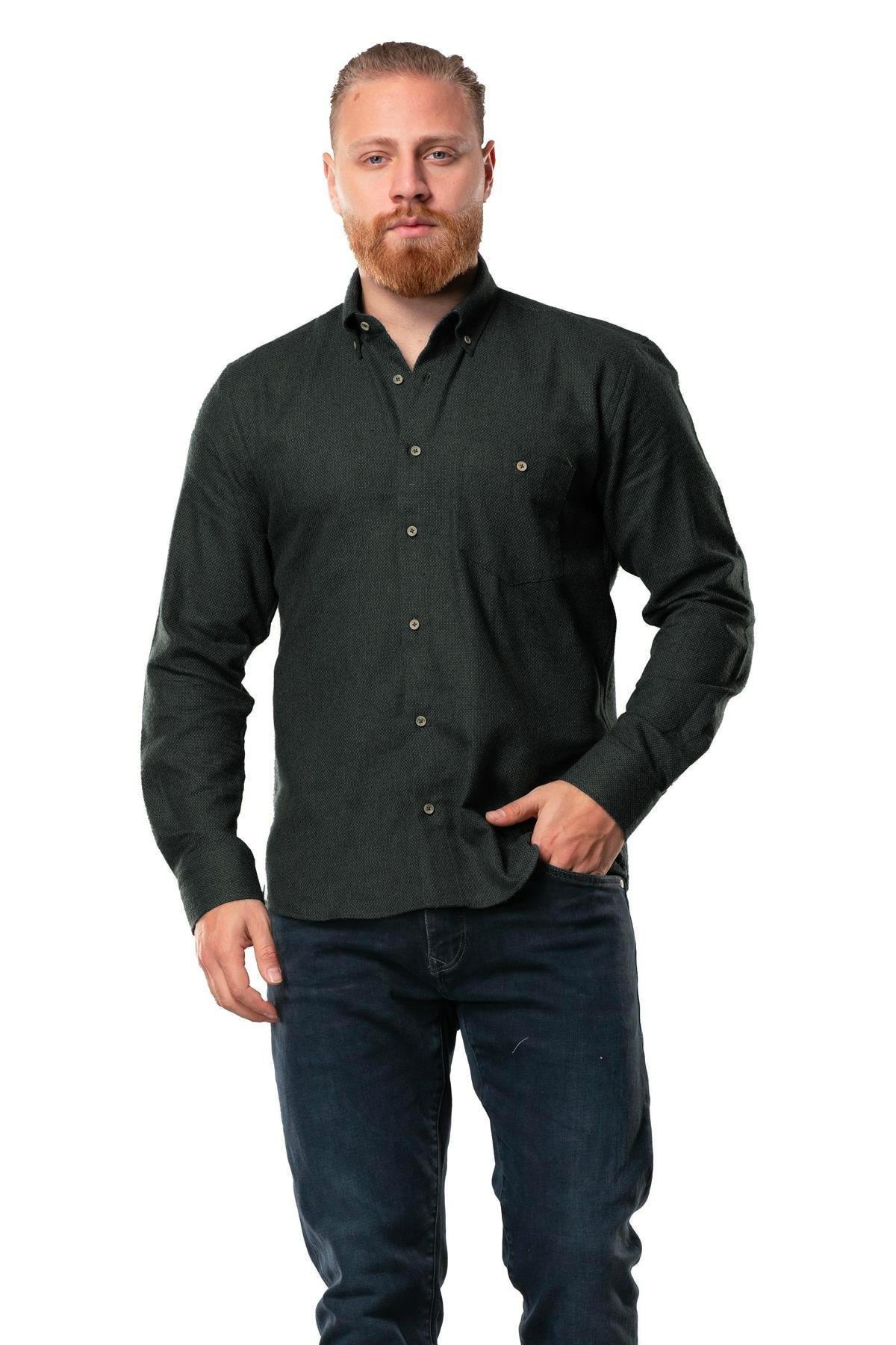 Uzun Kol Oduncu Erkek Pazen Sonbahar ve Kışlık Gömlek Petek Haki 4042