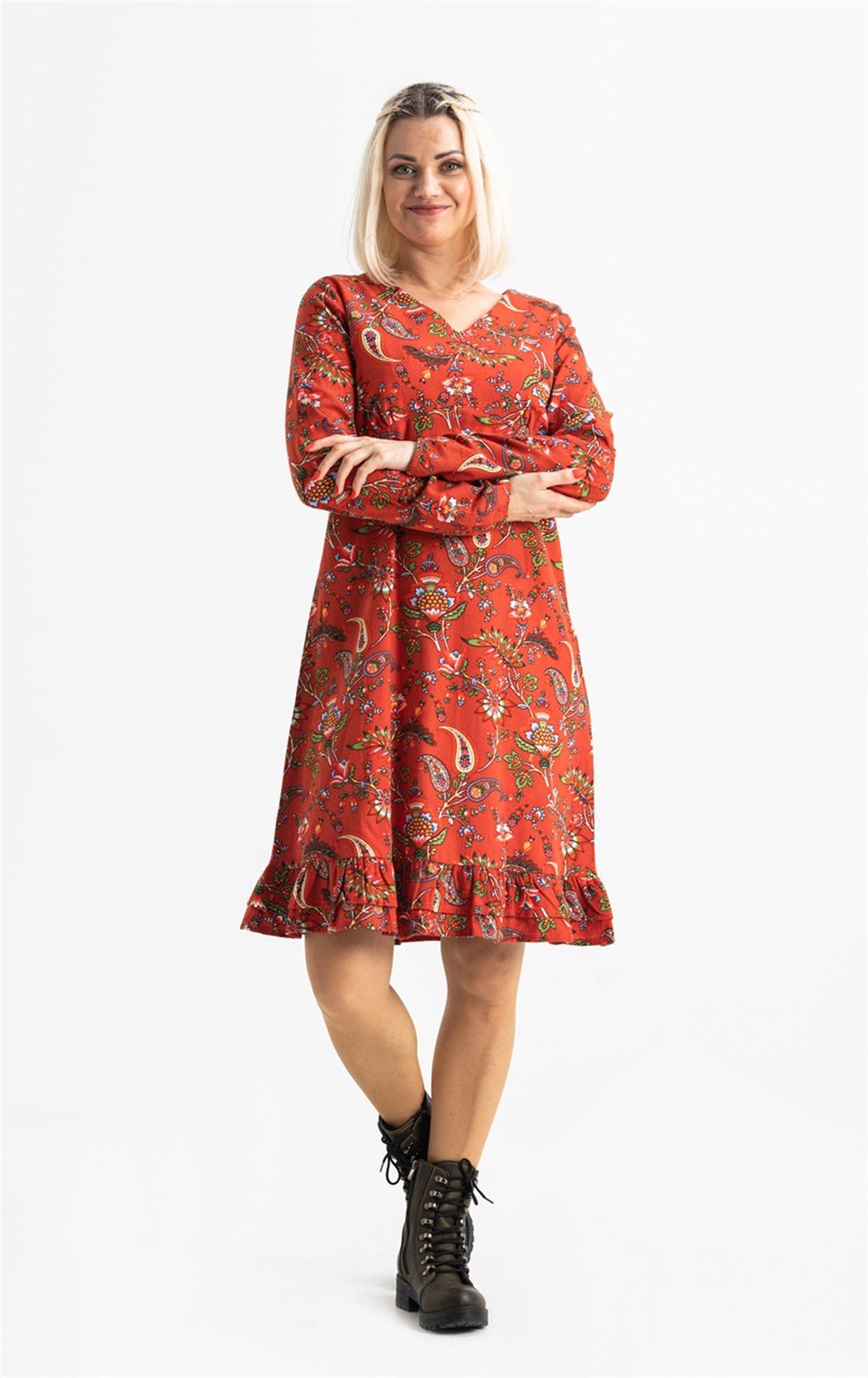 Uzun Kol Pazen Bade Desenli Kısa Elbise Bordo Brd