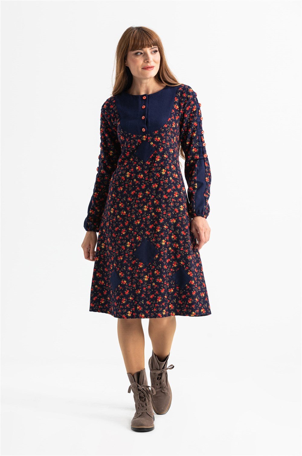 Uzun Kol Pazen Eftelya Çıtır Desen Midi Boy Elbise Lacivert