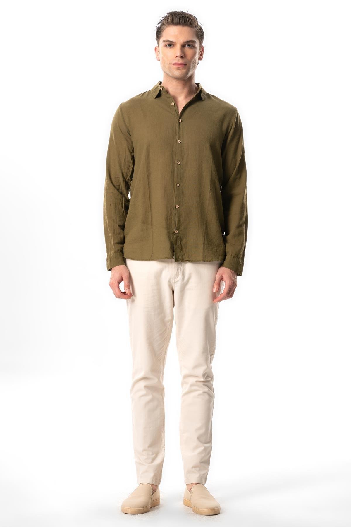 Uzun Kol Poplin Akdeniz Erkek Yazlık Gömlek Haki Hk