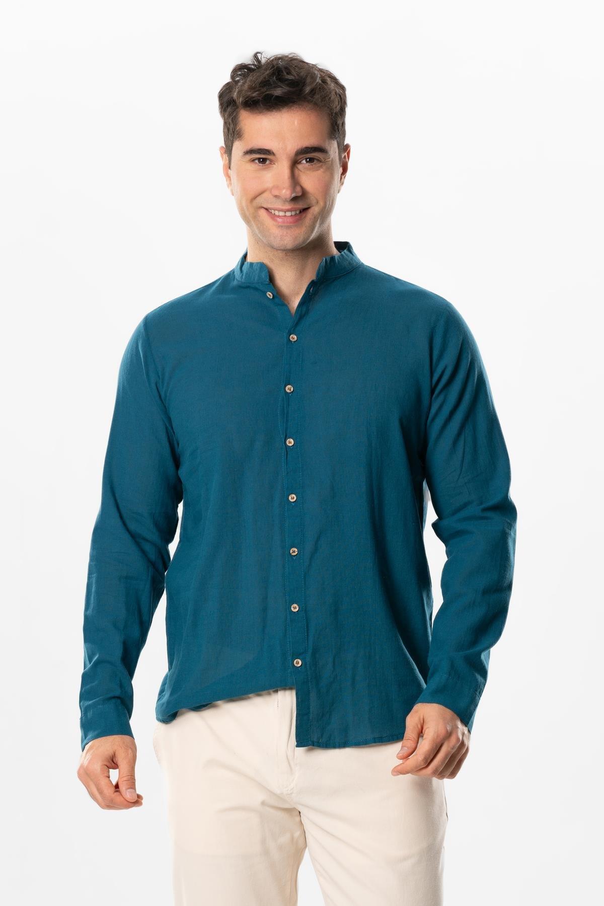 Uzun Kol Poplin Ege Erkek Yazlık Gömlek Petrol Ptrl