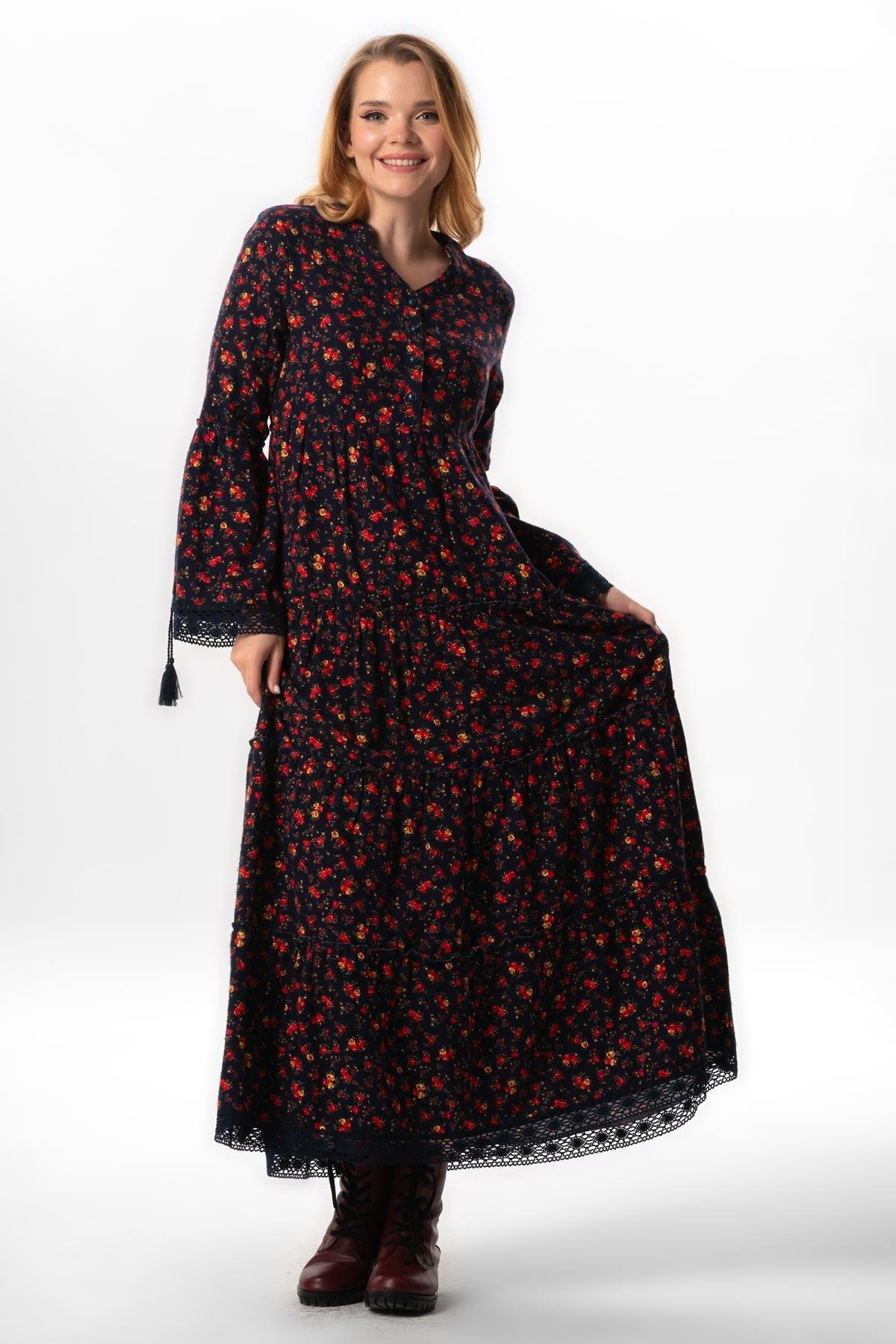 Uzun Kol Seçil Pazen Sonbahar ve Kışlık Uzun Elbise Gül Desen Lacivert Lcvt