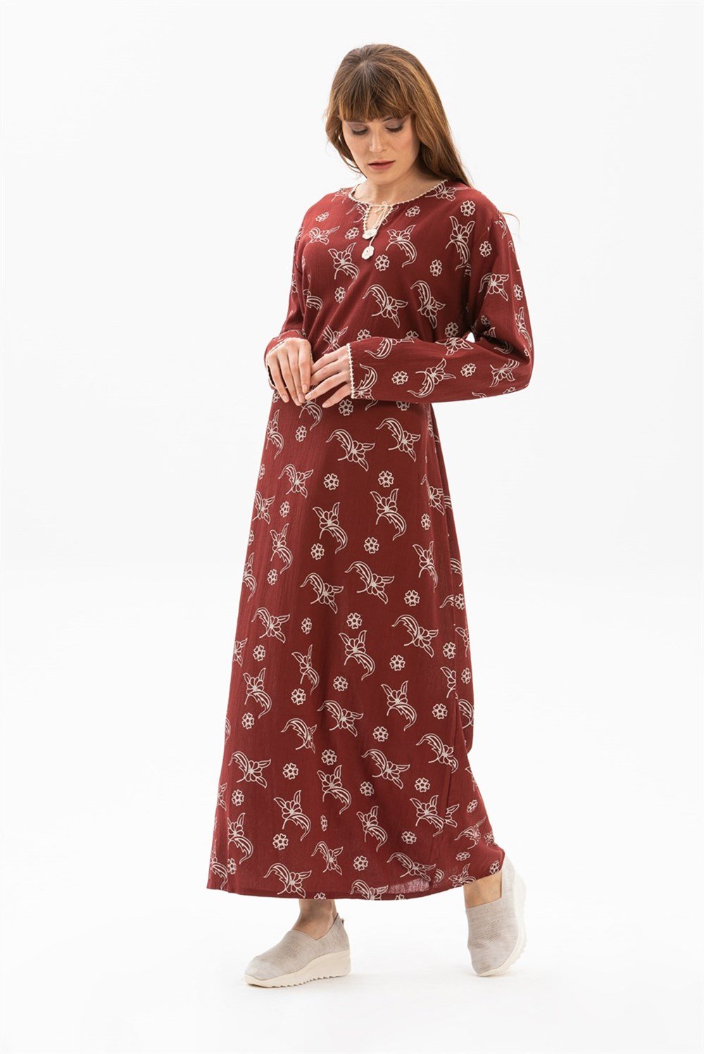 Toptan Uzun Kol Şile Bezi Baskılı Yazlık Elbise Serpme Desen Bordo