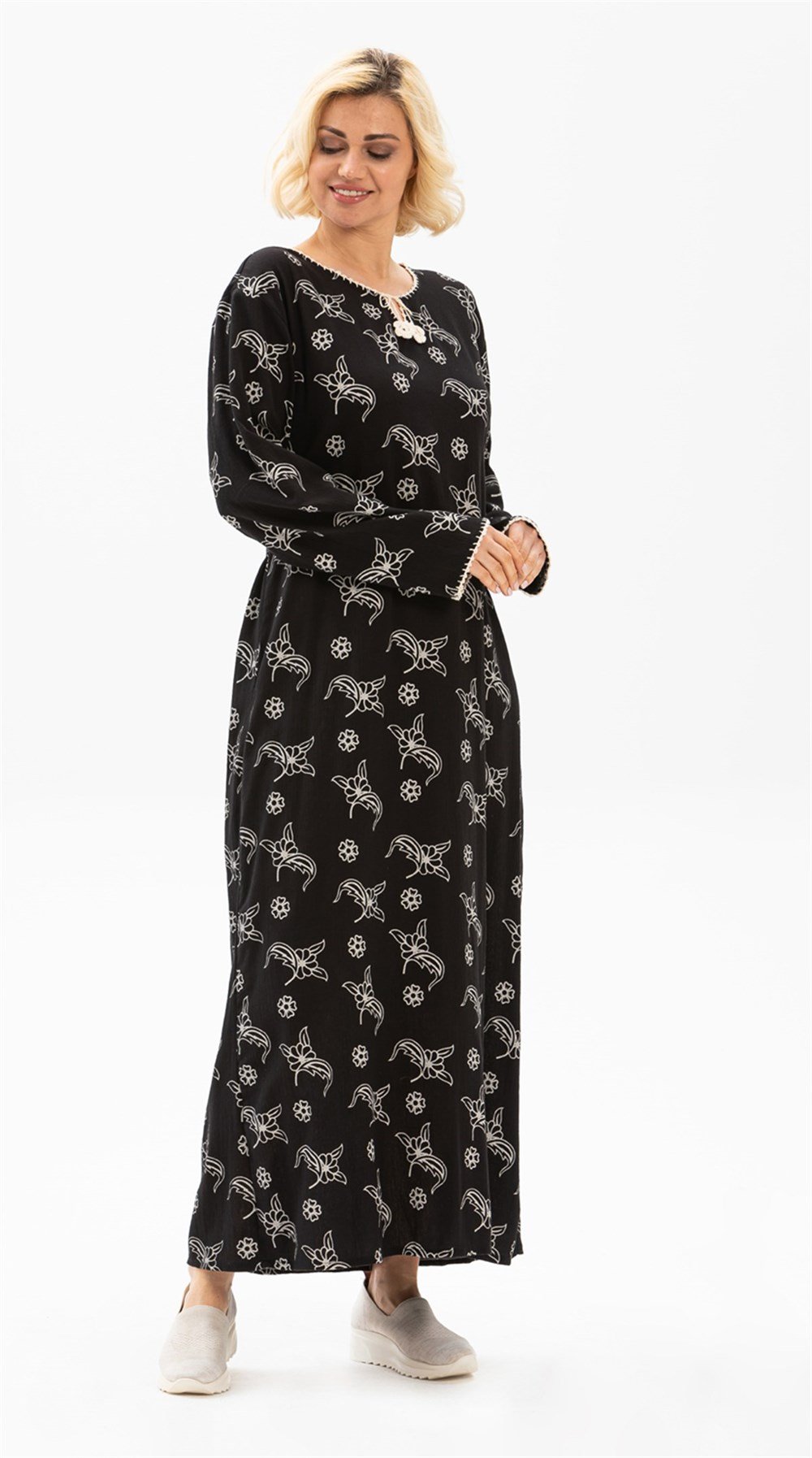 Toptan Uzun Kol Şile Bezi Baskılı Yazlık Elbise Serpme Desen Siyah