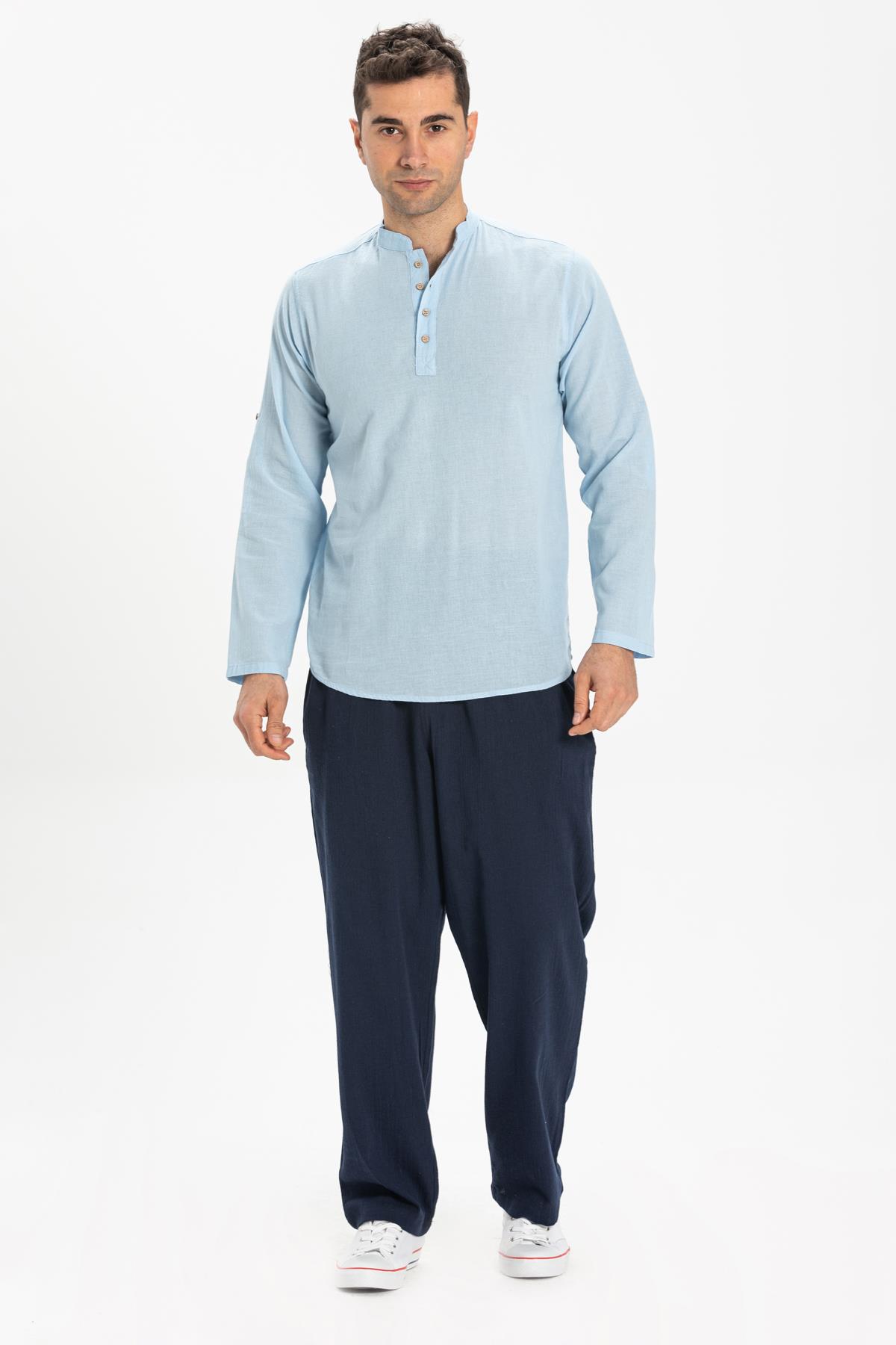 Uzun Kol Şile Bezi Bodrum Erkek T-Shirt Buz Mavi Bmv