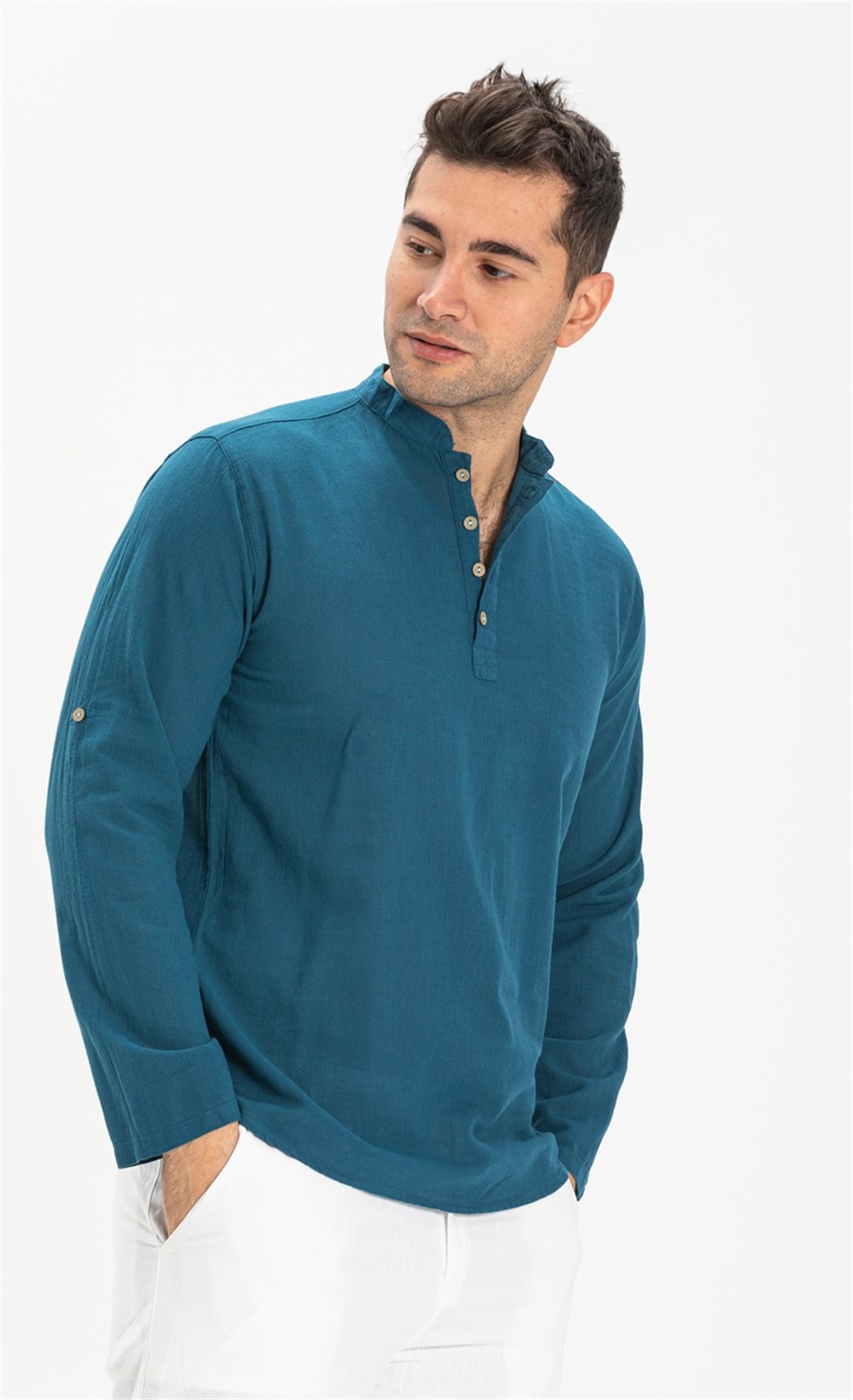 Uzun Kol Şile Bezi Bodrum Erkek T-Shirt Petrol 9005