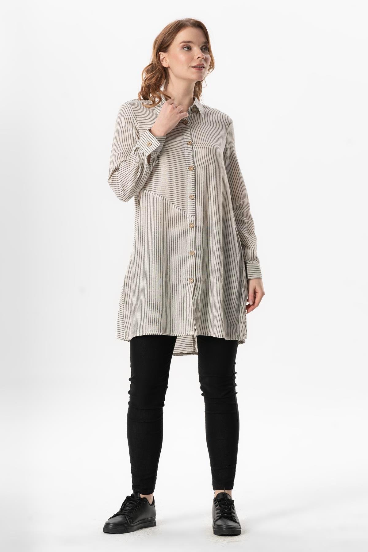 Uzun Kol Şile Bezi Erva Mevsimlik Gömlek Krem Çizgili Krmsyh