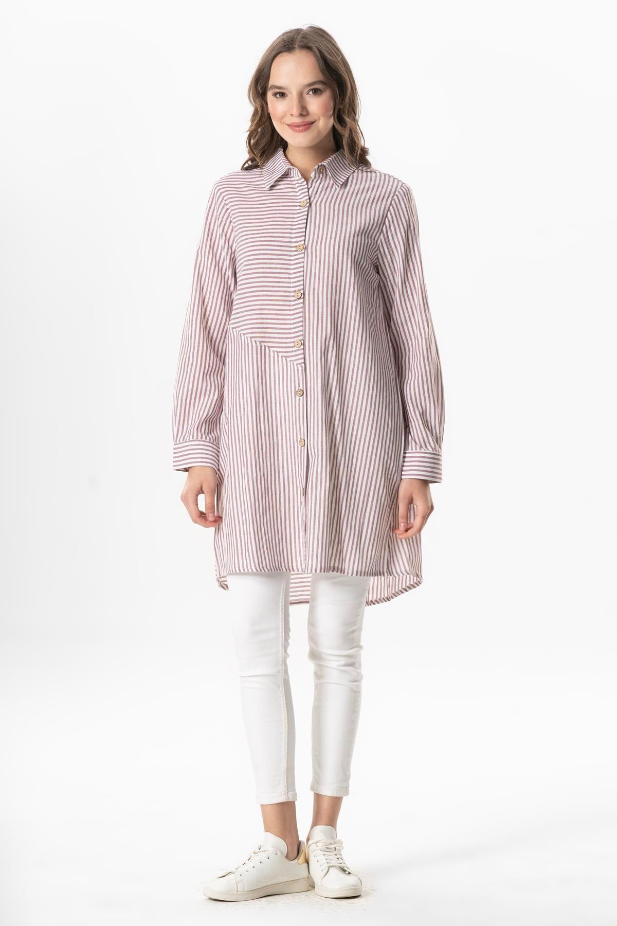 Uzun Kol Şile Bezi Erva Mevsimlik Gömlek Bordo Çizgili Brdbyz