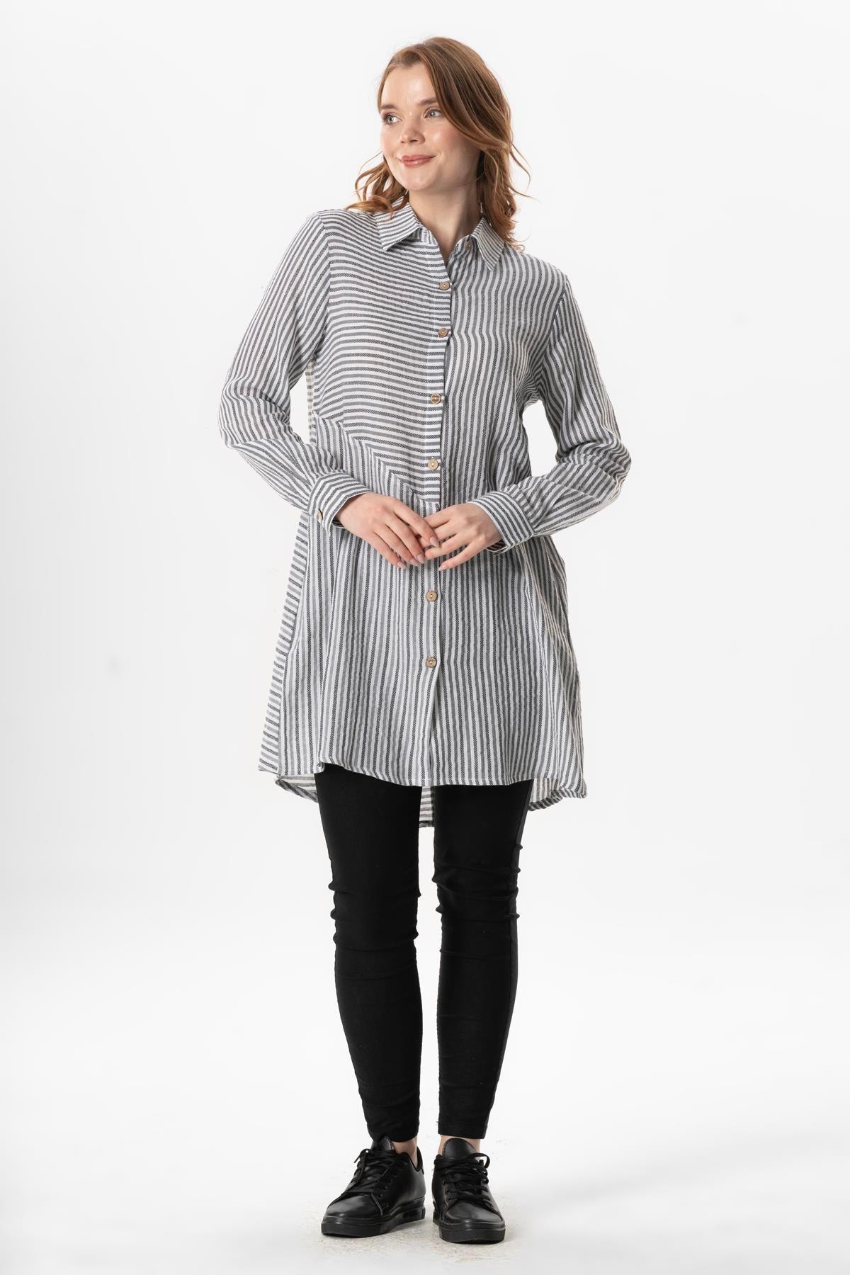 Uzun Kol Şile Bezi Erva Mevsimlik Gömlek Siyah Çizgili Syhbyz