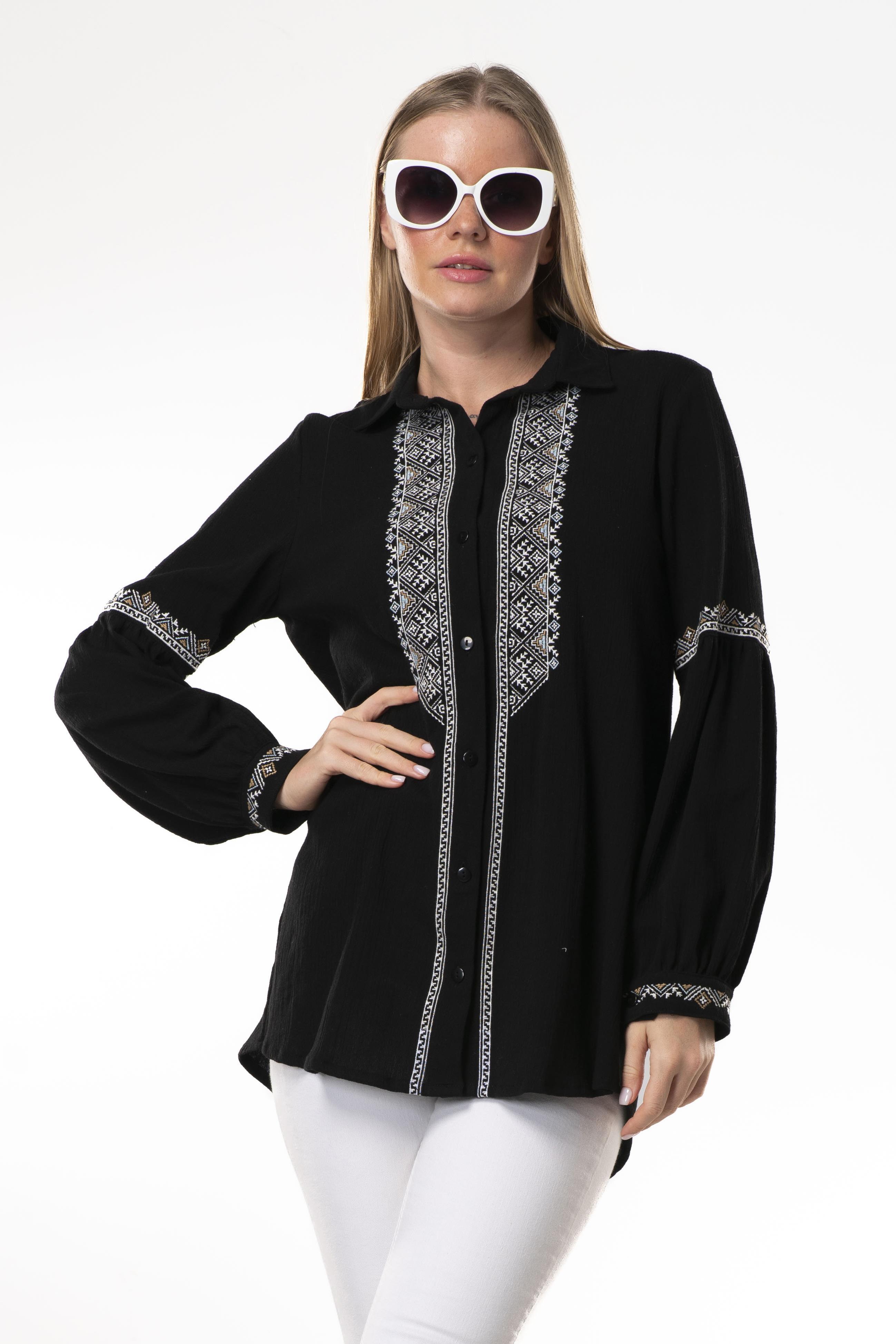 Uzun Kol Şile Bezi Maviş Nakış İşlemeli Yazlık Gömlek Siyah Syh