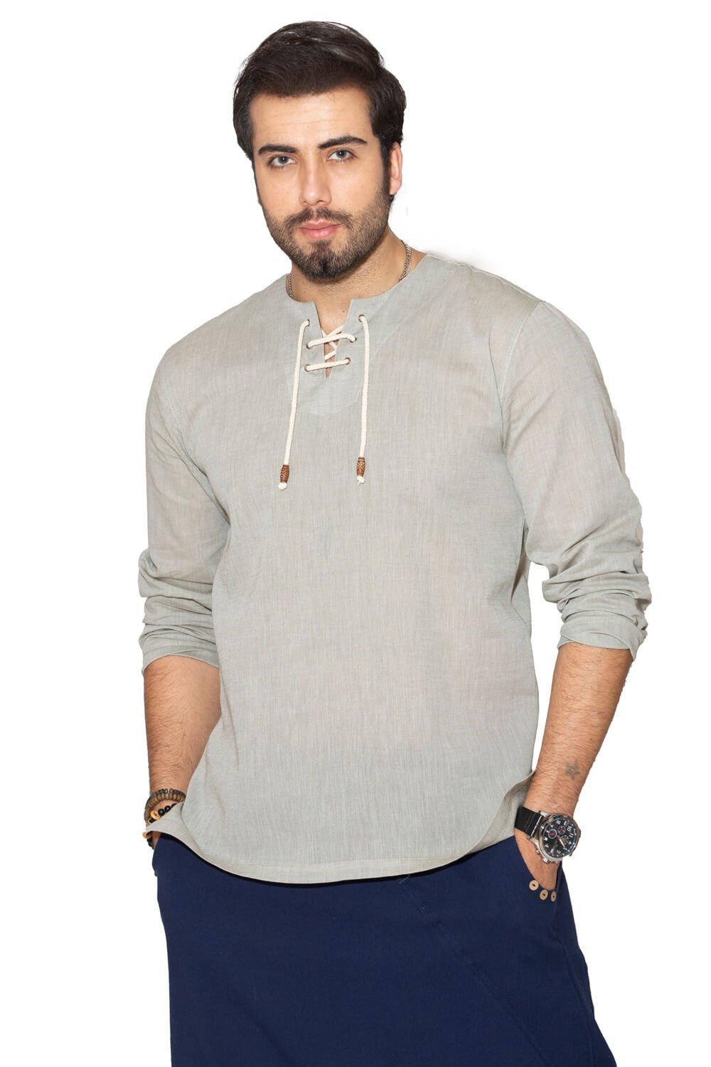 Toptan Uzun Kol Şile Bezi Zımbalı Erkek Yazlık Tshirt Taş