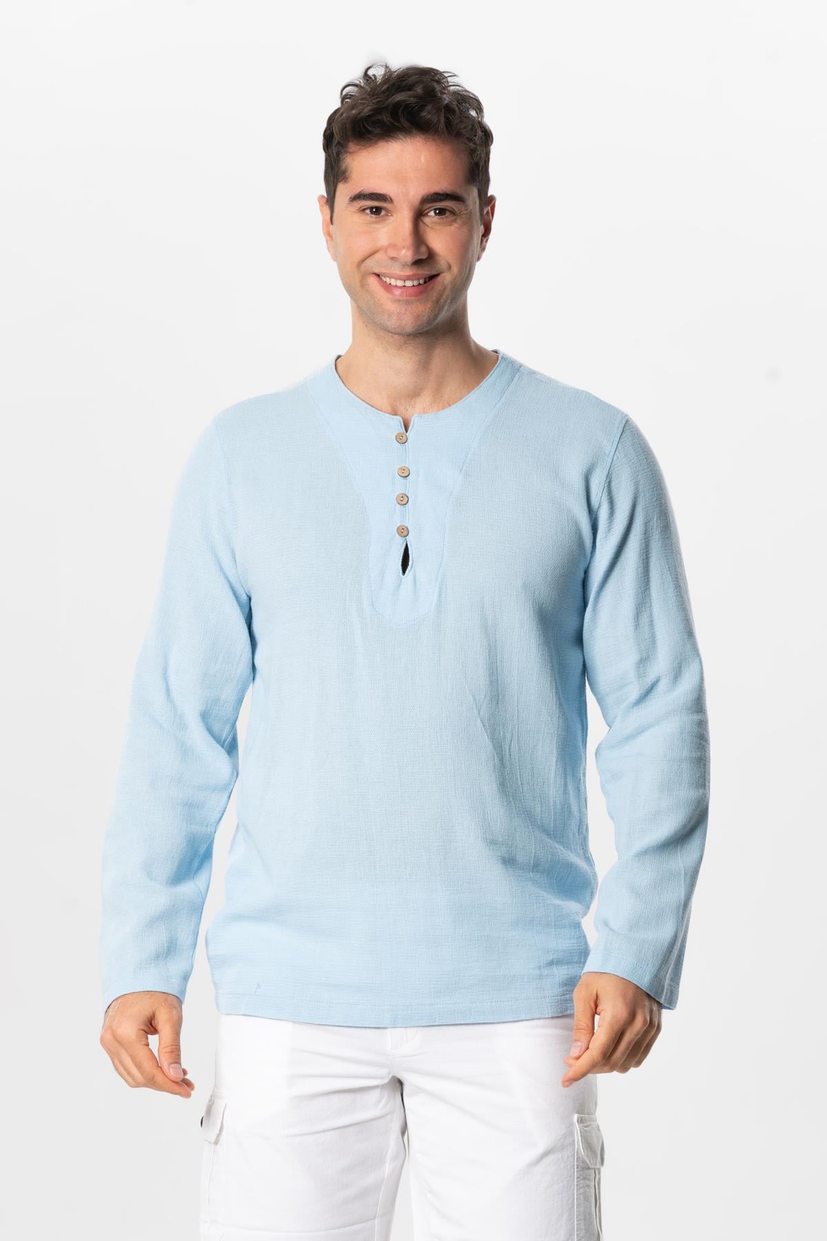 Uzun Kol Violet Halikarnas Düğme Detaylı Yazlık Tshirt Buz Mavi Bmv