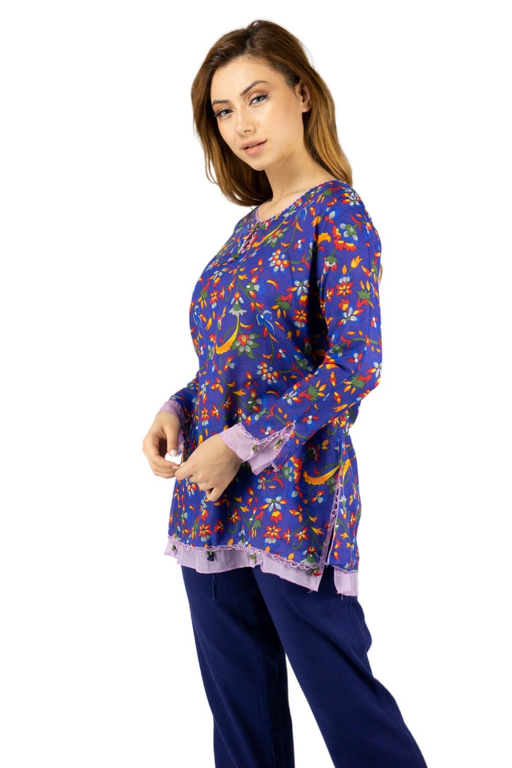 Toptan Uzun Kol Vual Ceyda Bluz Sarmaşık Desen Mor