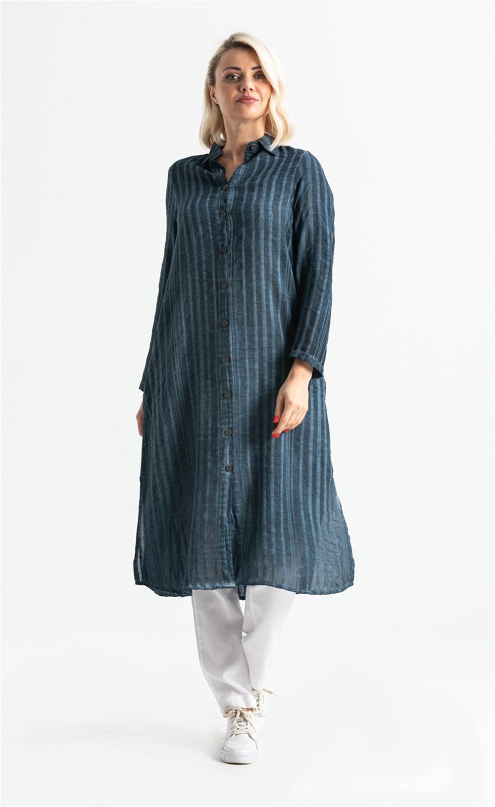 Uzun Kol Yakalı Gofre Tunik Yeşil 9014