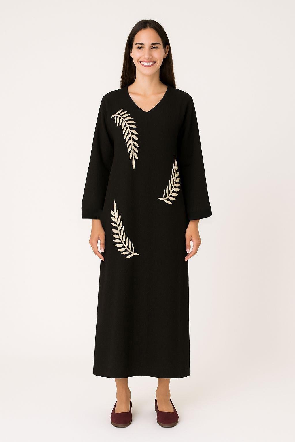 Uzun Kol Yaprak V Yaka Baskılı Müslin Uzun Otantik Yazlık Elbise Siyah-Siyah Syh/Syh