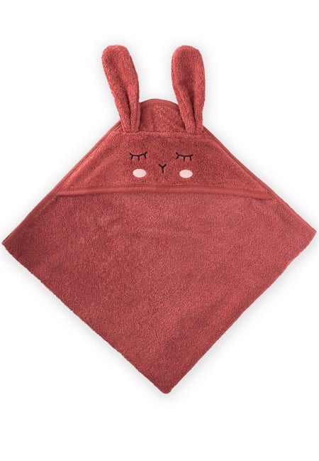 Kulaklı Tavşan Nakışlı Bebek Banyo Havlusu 75X75 cm RUST