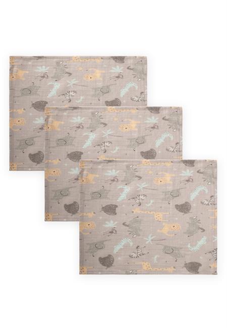 Üçlü Müslin Ağız Bezi 20x30 cm Hayvan Baskılı Bej