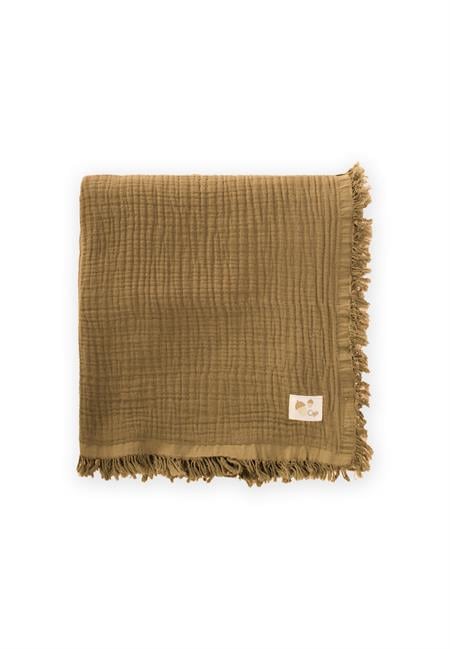Dört Kat Püsküllü Organic Müslin Battaniye 80X120 Cm Hardal Sarı