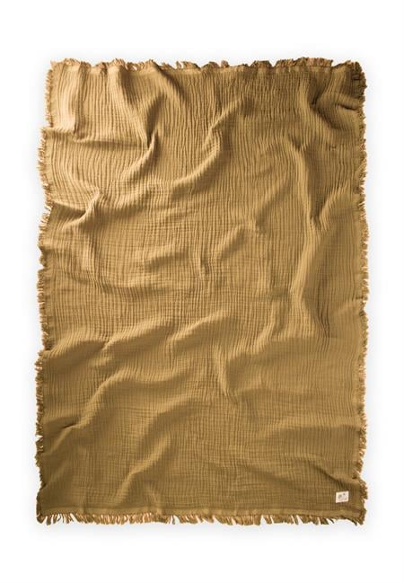 Dört Kat Püsküllü Organic Müslin Battaniye 80X120 Cm Hardal Sarı