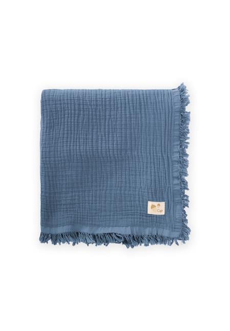 Dört Katlı Püsküllü Organic Müslin Battaniye 80 X120 Cm İndigo Mavi