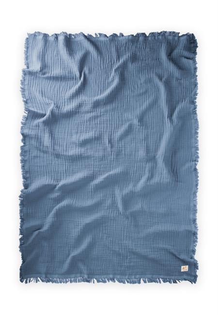 Dört Katlı Püsküllü Organic Müslin Battaniye 80 X120 Cm İndigo Mavi