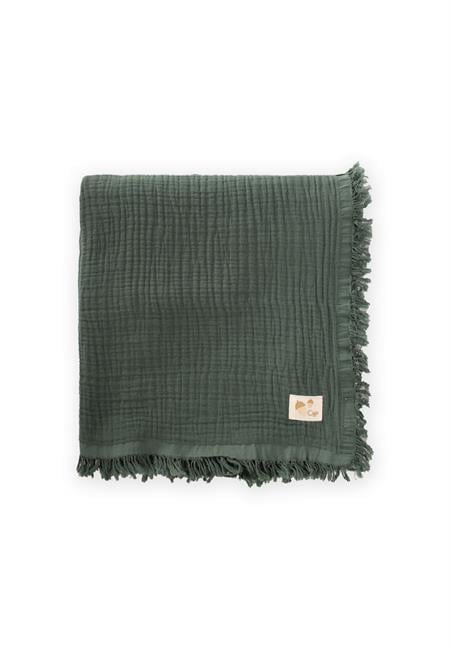Dört Kat Püsküllü Organic Müslin Battaniye 80X120 Cm Haki Yeşili