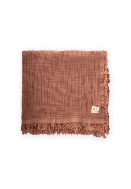 Dört Kat Püsküllü Organic Müslin Battaniye 80X120 Cm Açık Kahve