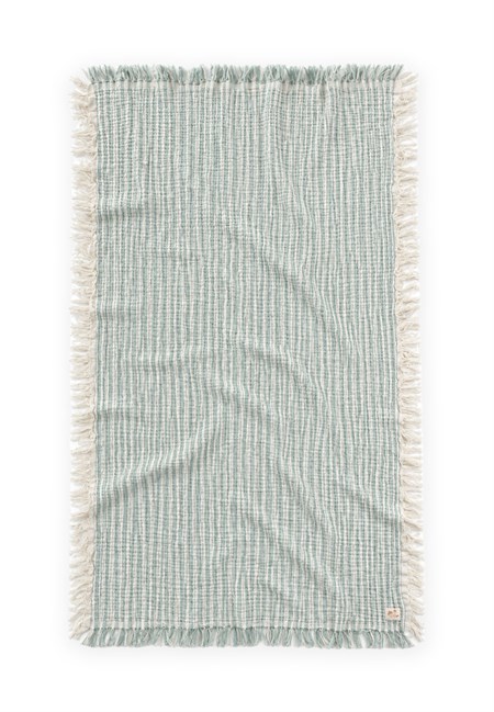Dört Kat Püsküllü Müslin Battaniye 80X120 Cm Yeşil Çizgili