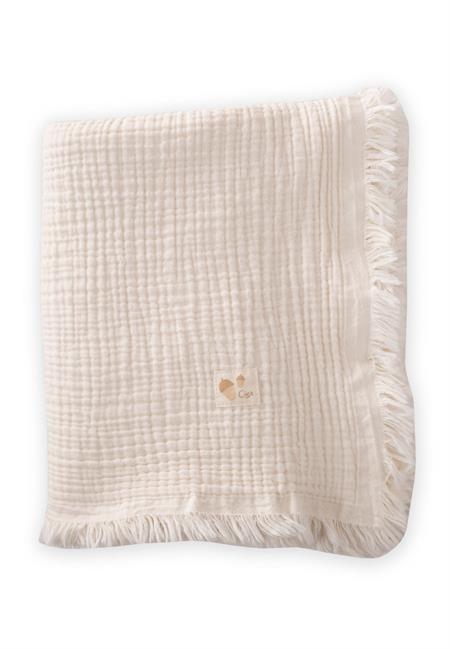 Dört Kat Püsküllü Müslin Battaniye 80X120 Cm Naturel