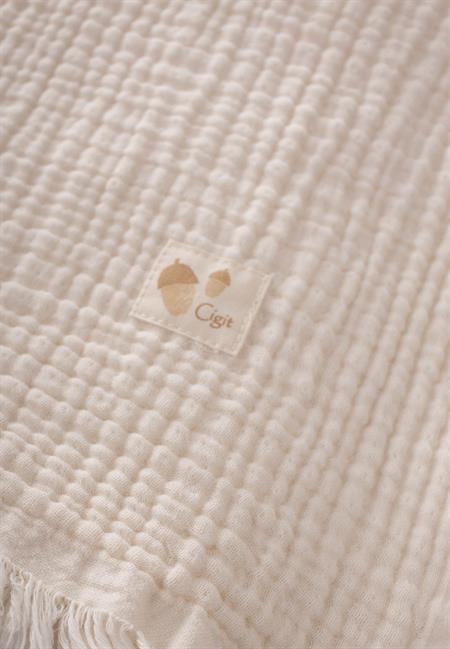 Dört Kat Püsküllü Müslin Battaniye 80X120 Cm Naturel