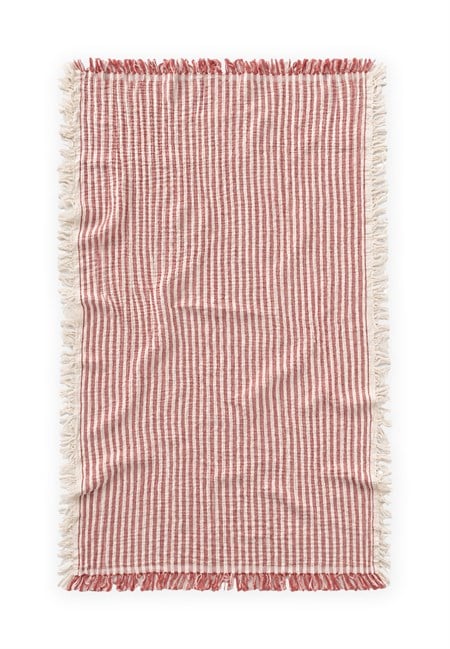 Dört Kat Müslin Püsküllü Battaniye 80X120 Cm Kırmızı Çizgili