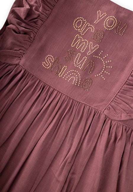 Kare Yaka Yazı Taşlı Keten Elbise 2-7 Yaş Mürdüm