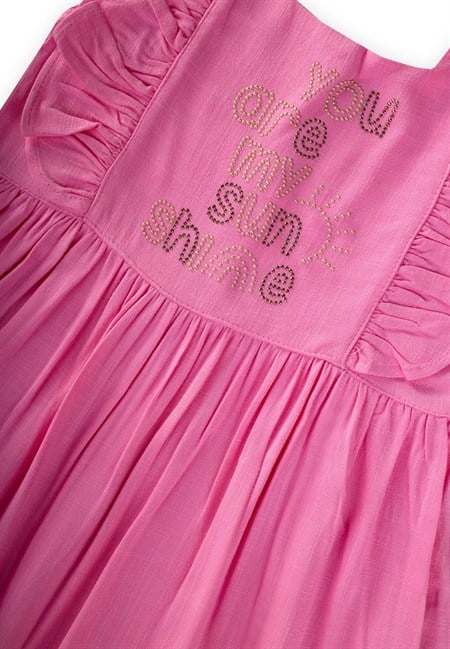 Kare Yaka Yazı Taşlı Keten Elbise 2-7 Yaş Pembe