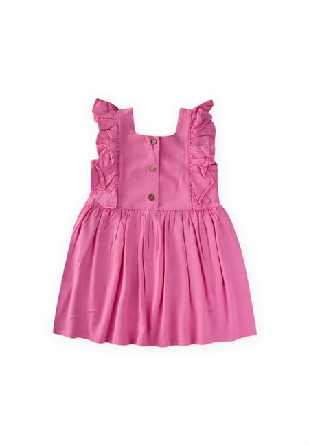 Kare Yaka Yazı Taşlı Keten Elbise 2-7 Yaş Pembe