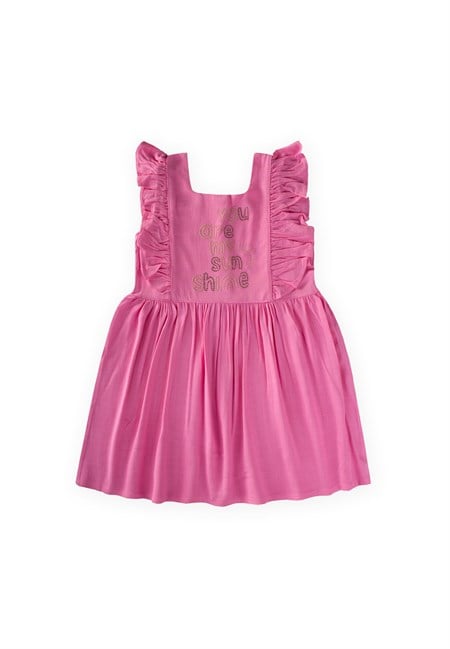 Kare Yaka Yazı Taşlı Keten Elbise 2-7 Yaş Pembe