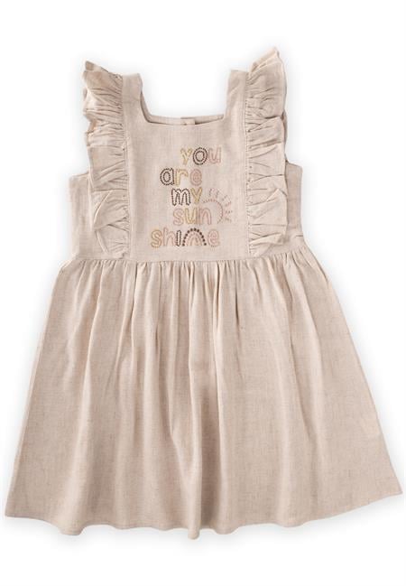 Kare Yaka Yazı Taşlı Elbise 2-7 Yaş NATUREL