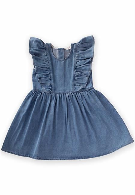 Omuzdan Fırfırlı Kot Elbise 2-7 Yaş Mavi