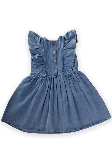 Omuzdan Fırfırlı Kot Elbise 2-7 Yaş Mavi