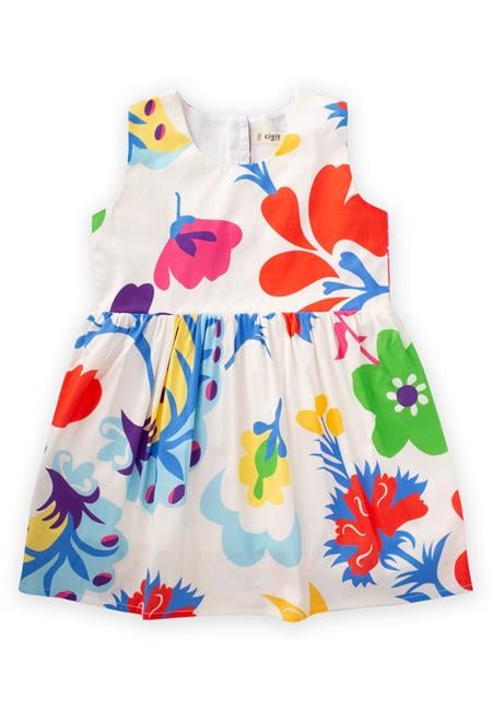 Çiçek Baskılı Elbise 2-7 Yaş Ekru