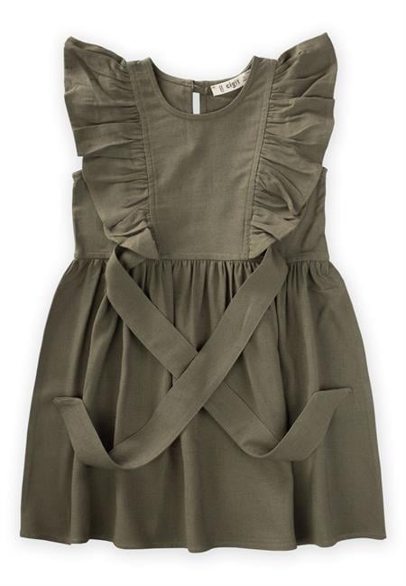 Yanları Bağcıklı Keten elbise 2-7 Yaş Haki Yeşil