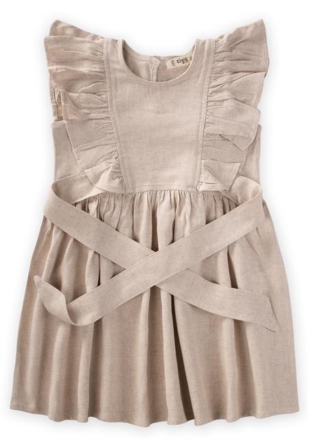 Yanları Bağcıklı Keten elbise 2-7 Yaş Naturel