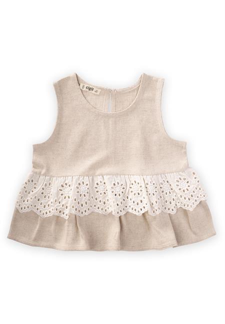 Bel Tambur Dantelli Keten Bluz 2-7 Yaş Naturel