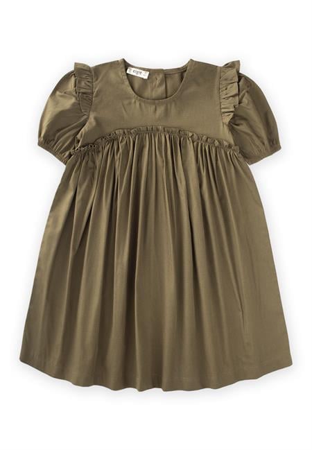 Robadan Fırfır Büzgülü Poplin Elbise 2-7 Yaş Haki Yeşil