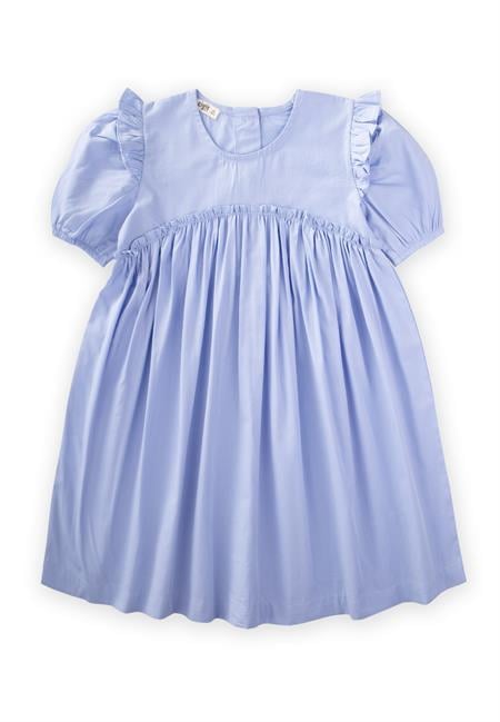Robadan Fırfır Büzgülü Poplin Elbise 2-7 Yaş Mavi