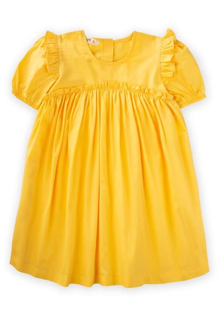 Robadan Fırfır Büzgülü Poplin Elbise 2-7 Yaş Sarı