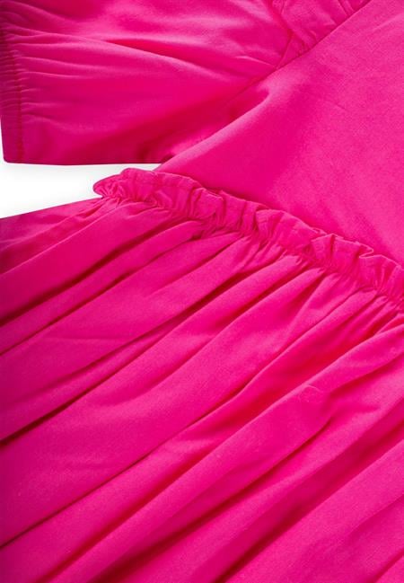 Robadan Fırfır Büzgülü Poplin Elbise 2-7 Yaş Fuşya