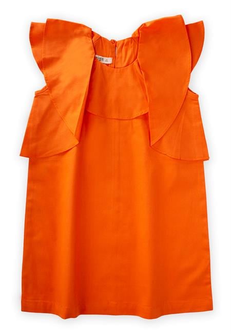 Volanlı Poplin Elbise 2-7 Yaş Turuncu