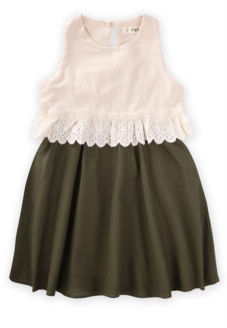 İki Renkli Beli Dantelli Elbise 2-7 Yaş Ekru