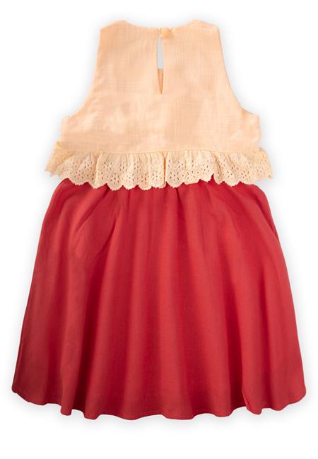 İki Renkli Beli Dantelli Elbise 2-7 Yaş Yavruağzı