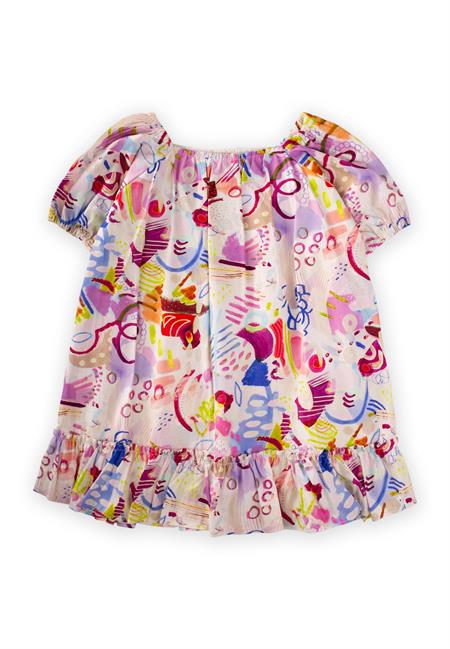 Yaka Kol Lastikli Poplin Elbise 2-7 Yaş Ekru Fuşya